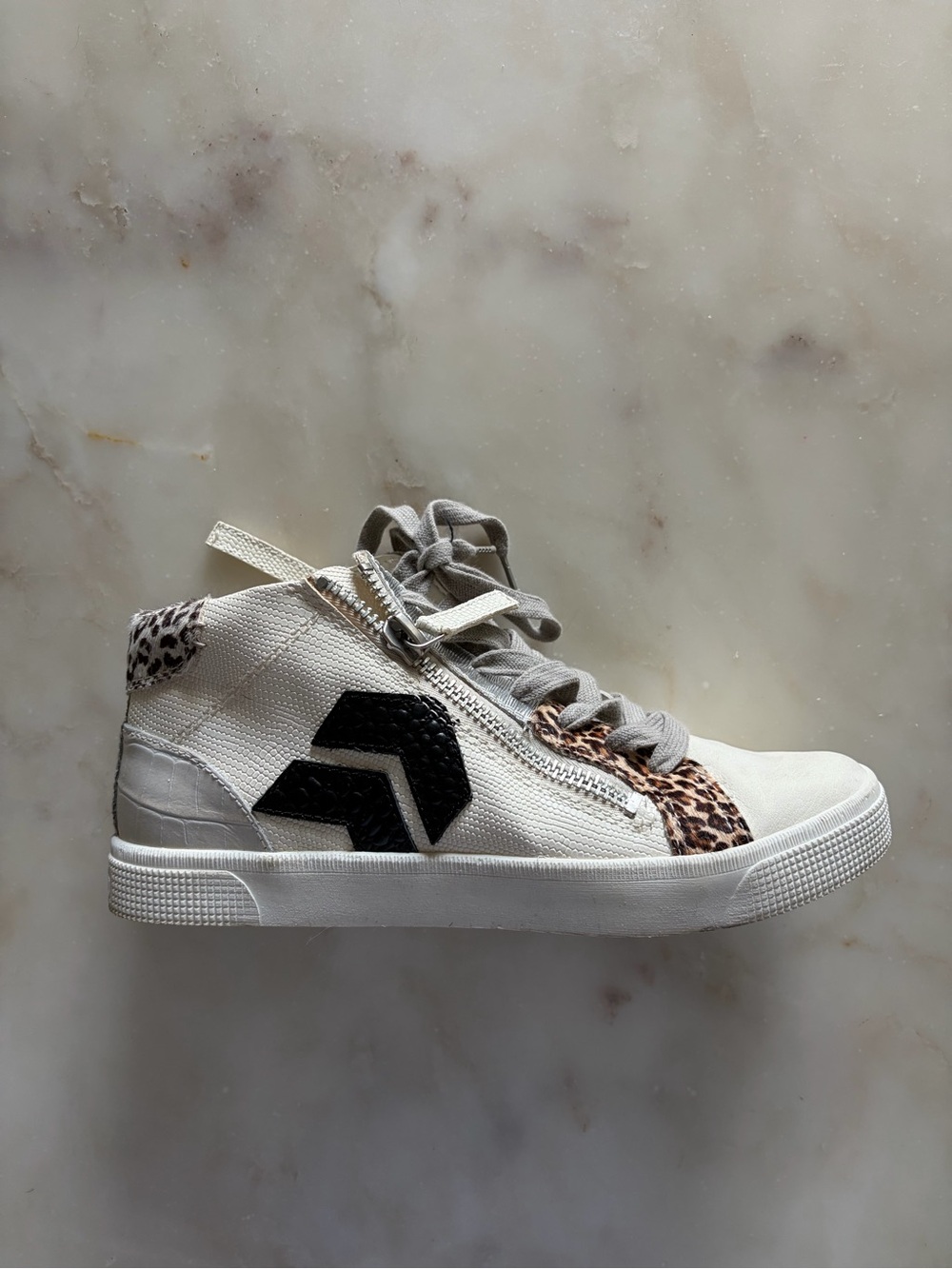 Dolce Vita White High-Top Sneaker with Leopard and Black Accents